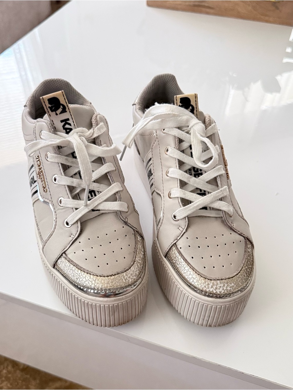 Karl Lagerfeld White Sneakers with Metallic Gold Toe Trim